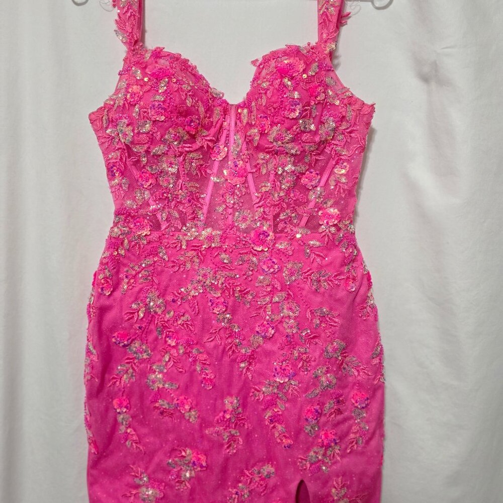 Nox Anabel T873 Off Shoulder Applique fushia dress